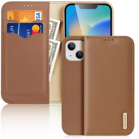 Dux Ducis Hivo Leather Flip Cover Portefeuille en cuir véritable pour cartes et documents iPhone 14 Plus Marron