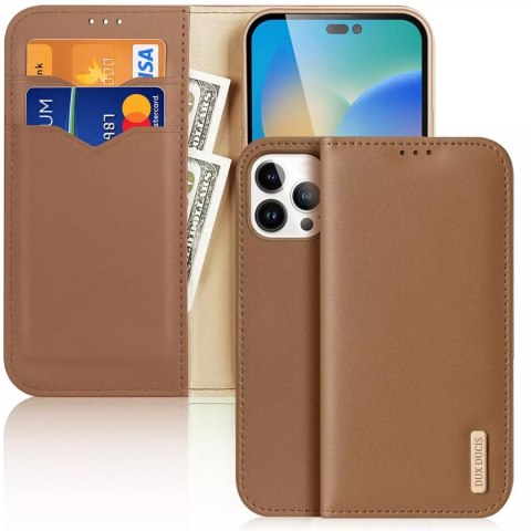 Dux Ducis Hivo Leather Flip Cover Portefeuille en cuir véritable pour cartes et documents iPhone 14 Pro Max Marron