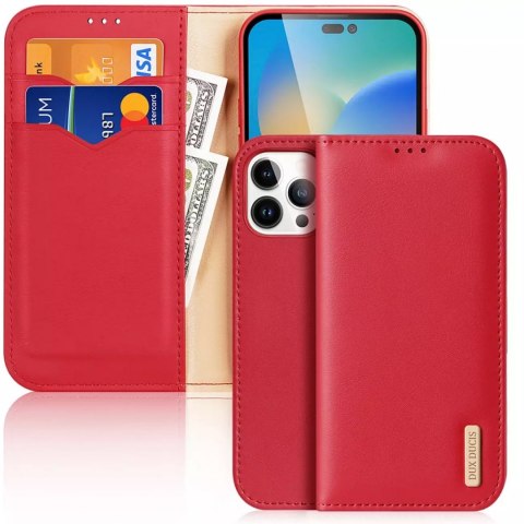 Dux Ducis Hivo Leather Flip Cover Portefeuille en cuir véritable pour cartes et documents iPhone 14 Pro Max Rouge