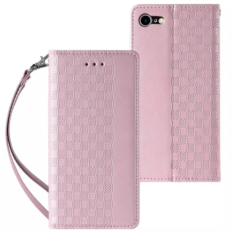 Étui à sangle magnétique pour iPhone SE 2022 / SE 2020 / iPhone 8 / iPhone 7 pochette portefeuille + mini lanière pendentif rose