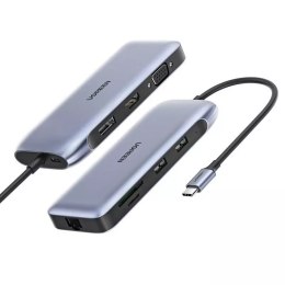 Ugreen multifunkční HUB 9v1 USB Typ C - HDMI, DP, VGA, 2 x USB, RJ45 Ethernet, čtečka karet SD / TF, USB Typ C PD 100W šedý (CM2