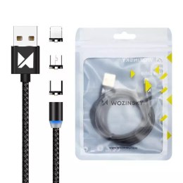 Wozinsky magnetický kabel USB / micro USB / USB typu C / Lightning kabel 2,4A 1m s LED černým (WMC-01)