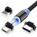 Wozinsky magnetický kabel USB / micro USB / USB typu C / Lightning kabel 2,4A 1m s LED černým (WMC-01)