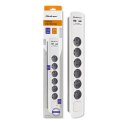 Qoltec Listwa antyprzepięciowa | 6 gniazd | 2 x USB | 1.8 m | Biało- szara