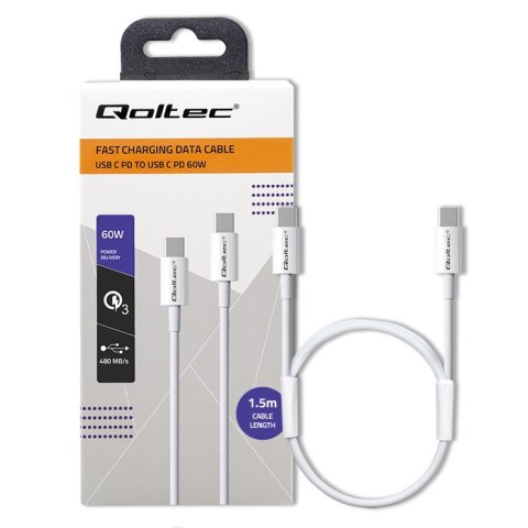 Qoltec Kabel USB 2.0 typ C | USB 2.0 typ C 60W | QC 3.0 | PD | 1.5m | Biały