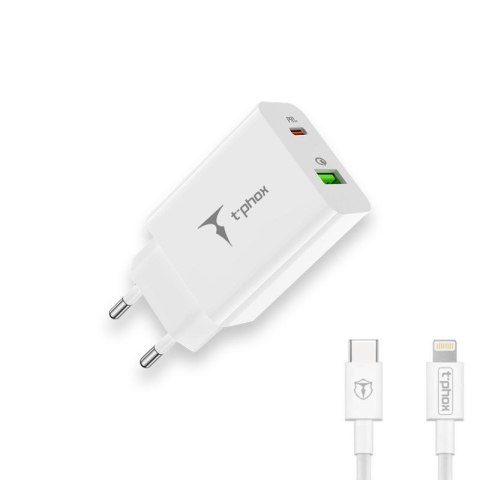 ŁAD SIEC T-PHOX SPEEDY USB-C 20W/USB 18W PD QC + KABEL LIGHTNING 1M BIAŁA/WHITE